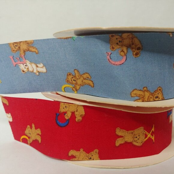 Vintage WFR Fabric Ribbon Spool Pair Teddy Bear Alphabet 1.25" Red Blue Kid Baby - Picture 3 of 6